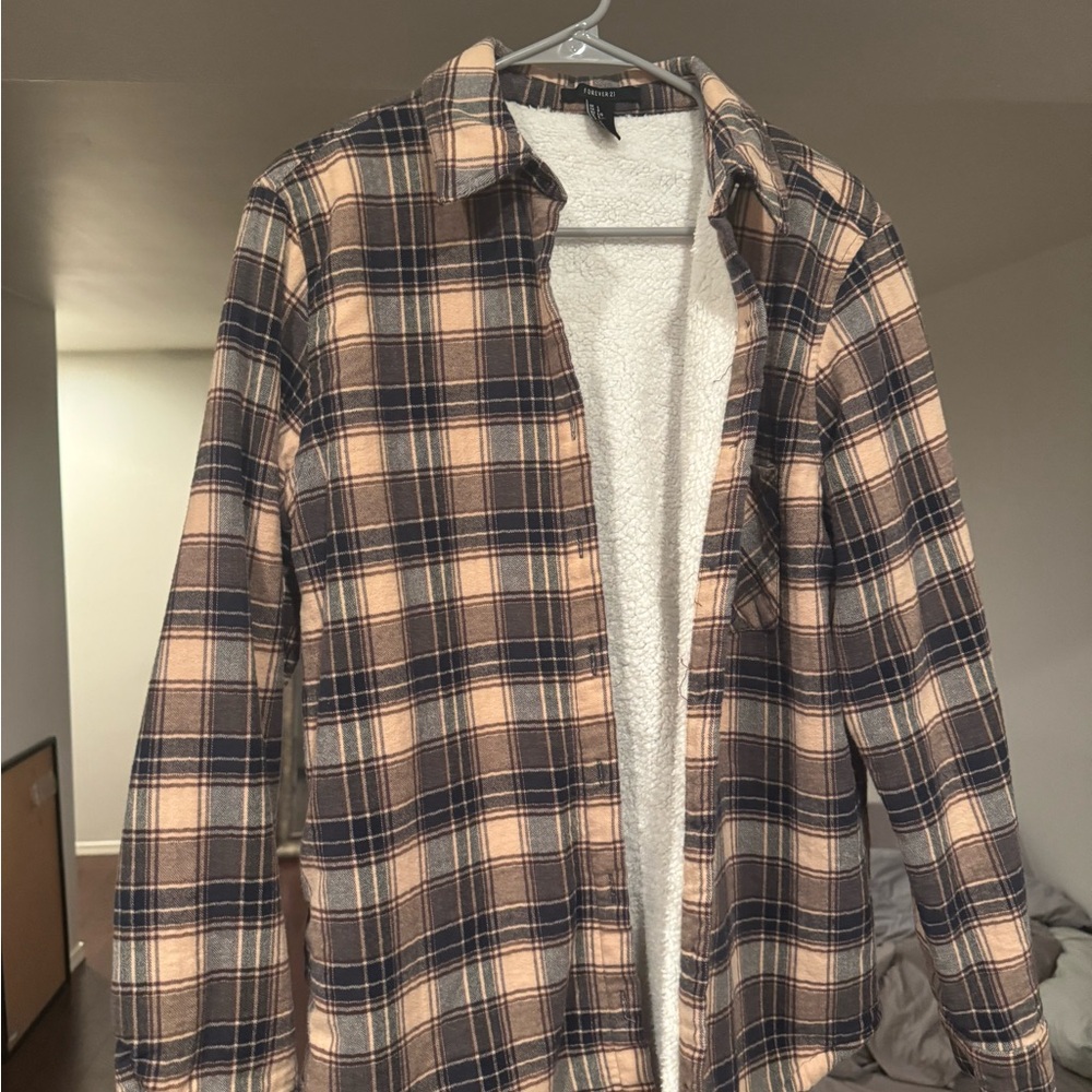 Forever 21 Checkered Button-Up in Beige and Navy with fleece lining